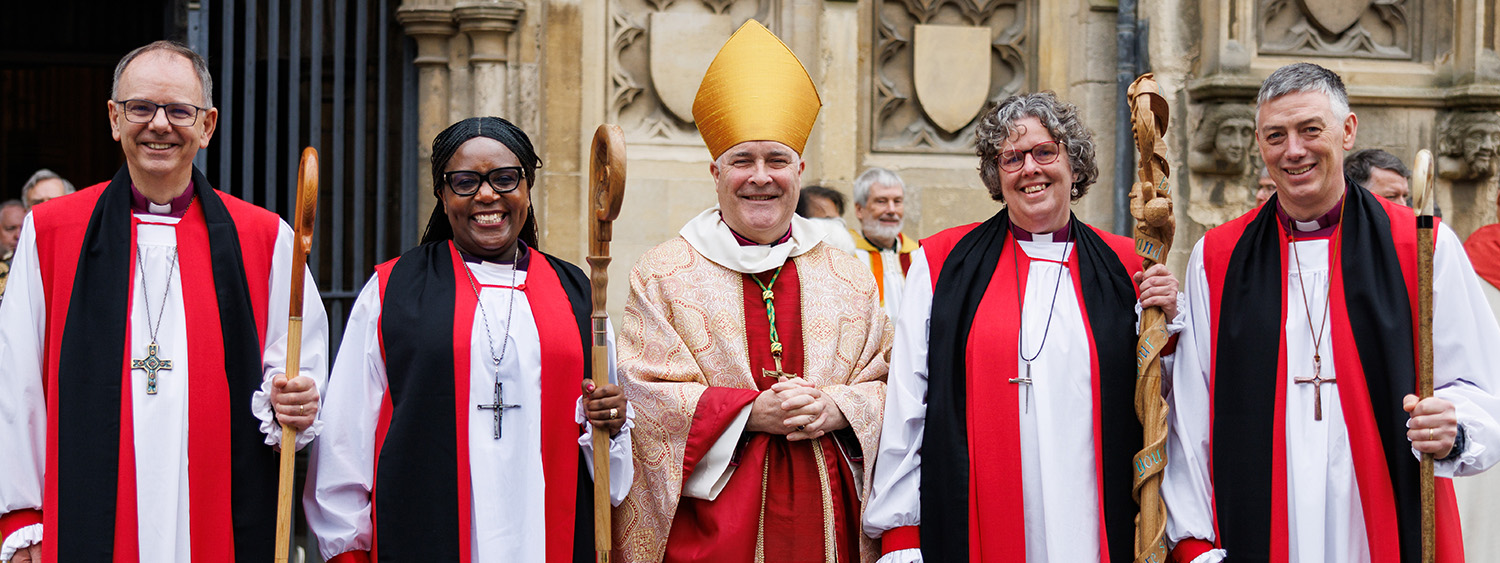 Standing together outside Canterbury Cathedral from left to right, The Reverend Esther Prior Bishop of Aston, The Reverend Andrew Norman Suffragan Bishop in Europe, The Archbishop of York, The Reverend Dave Bull Bishop of Buckingham, The Reverend Mary Gregory Bishop of Reading.