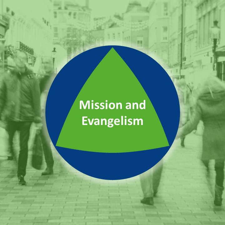 Text reads 'Mission and Evangelism'. A green image shows a busy street.